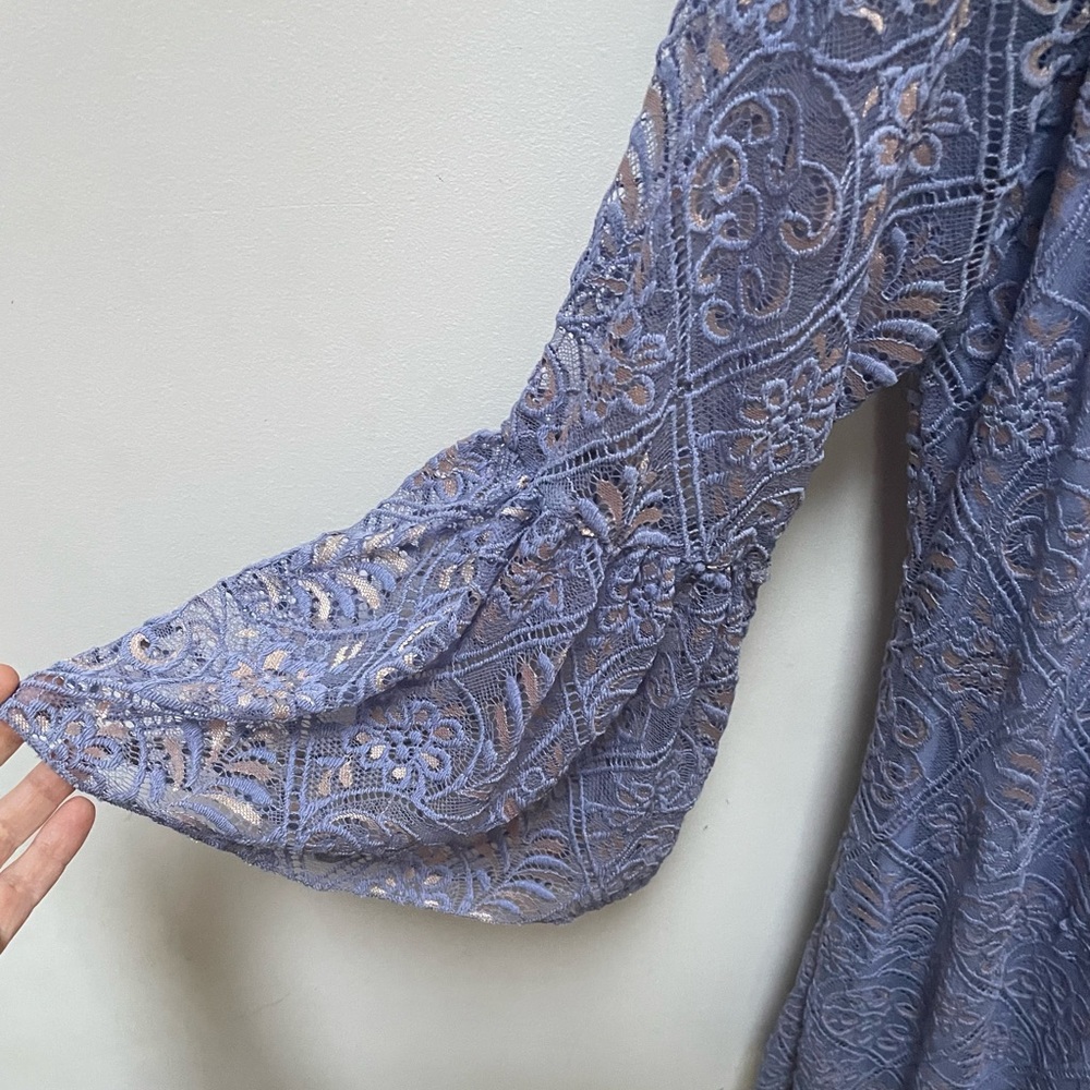 Boho Chic soft dusty blue lacy tunic dress with bell sleeves. So versatile!